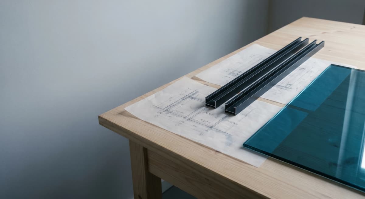 Atelier work table, facade drawings on tracing paper, anodised aluminium profiles, laminated glass Low-E edge, north light