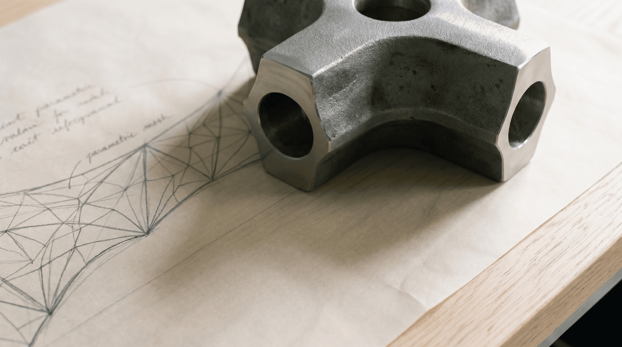 Macro cast steel structural sand-cast node placed on graphite tracing paper with cursive annotations, raking shadow at 20 degrees