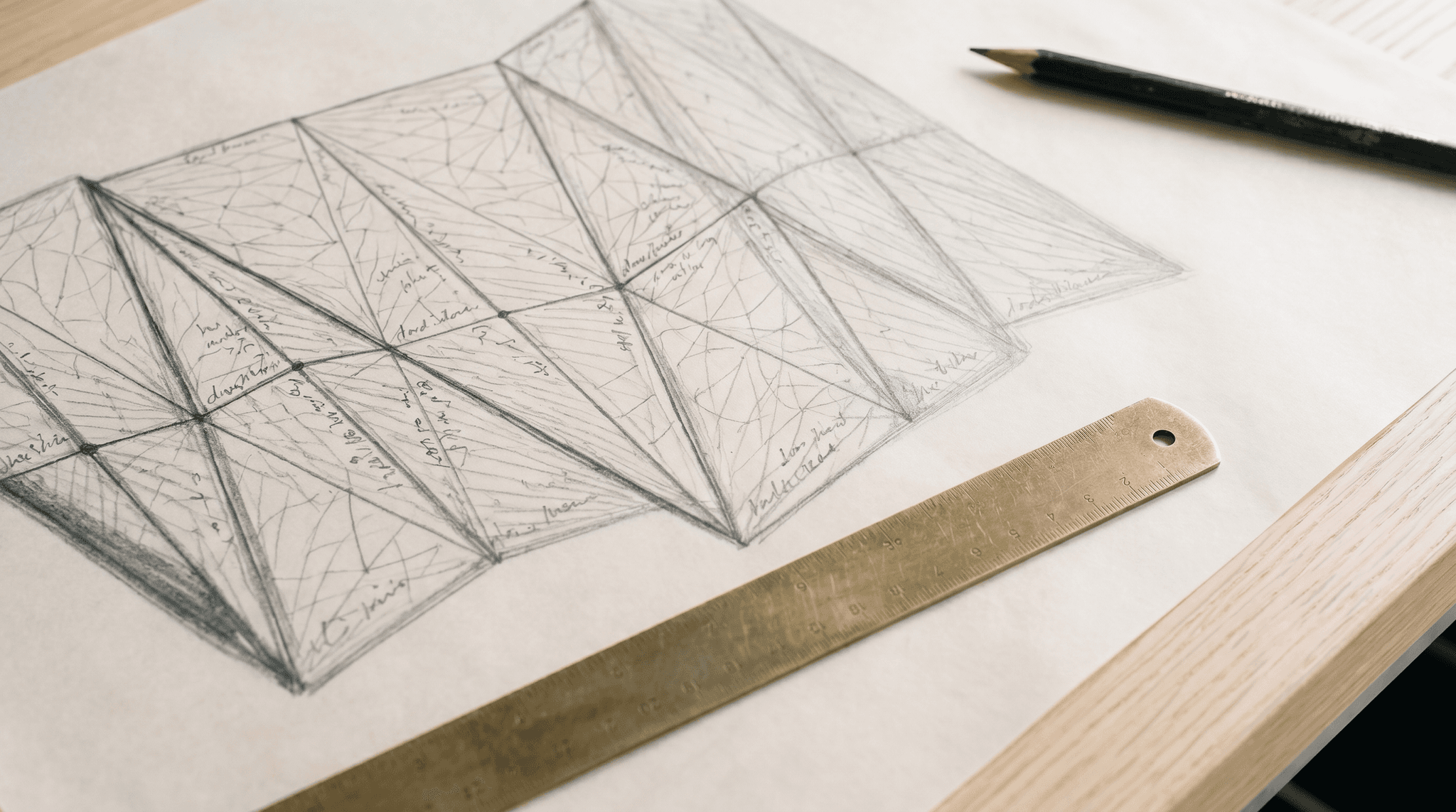 Macro graphite tracing paper, triangulated parametric mesh annotated in illegible cursive, patinated brass ruler on diagonal