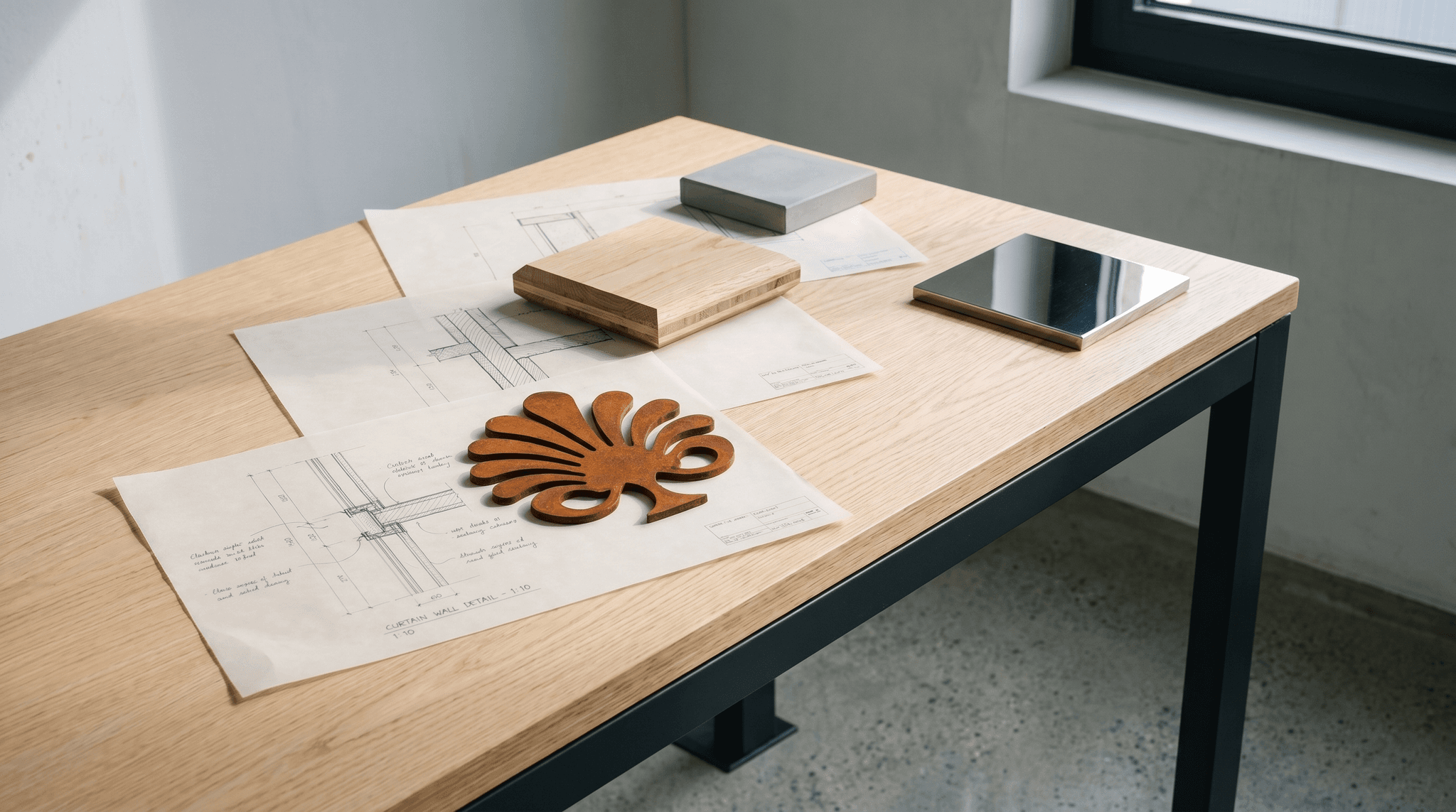Tactile library of high-performance envelope materials, corten steel, CLT timber, UHPC architectonic, polished stainless on Swiss senior worktable