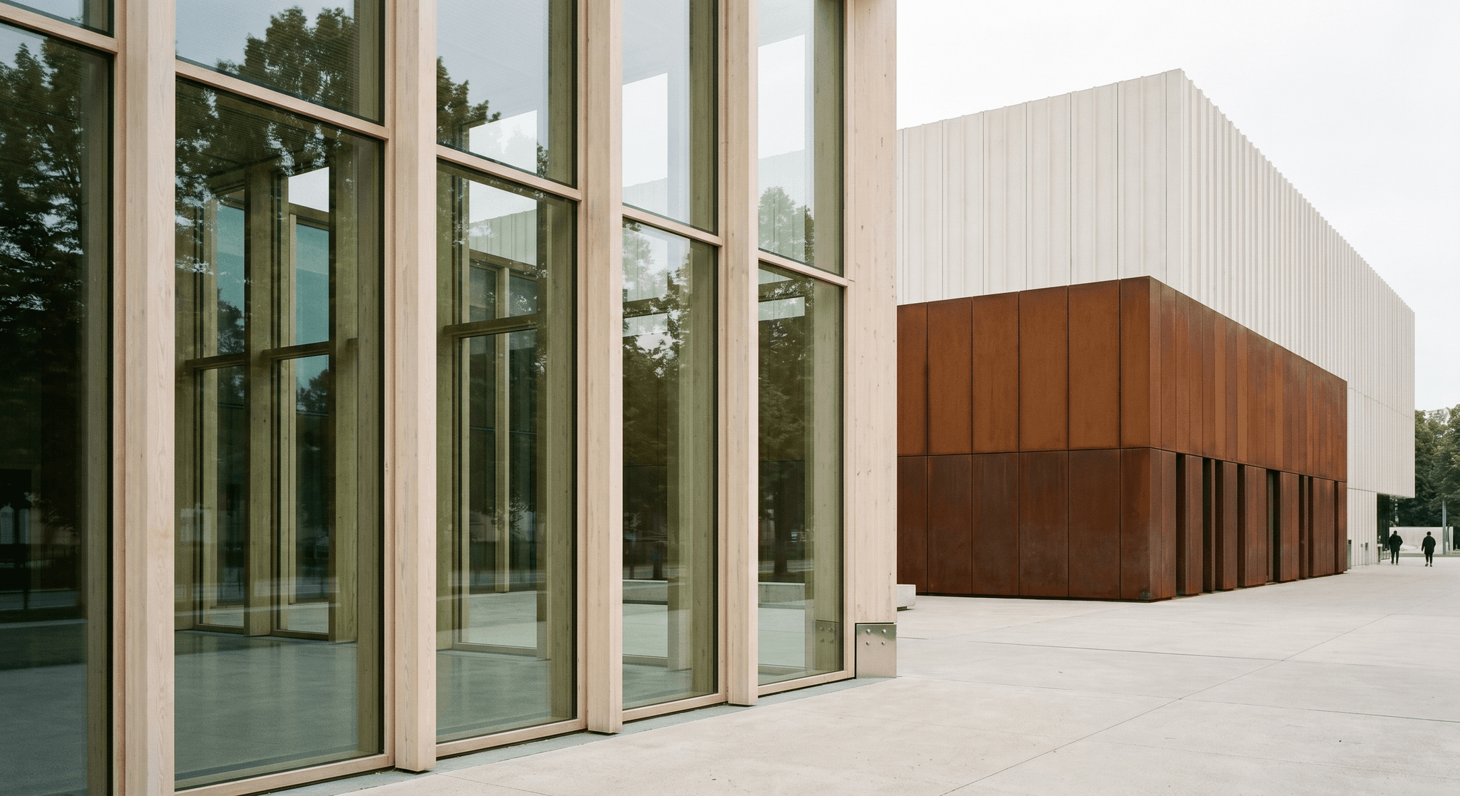Signature facade multi-materials, CLT timber and structural glass curtain wall, ventilated corten cladding, UHPC ribbed panels, polished concrete plaza