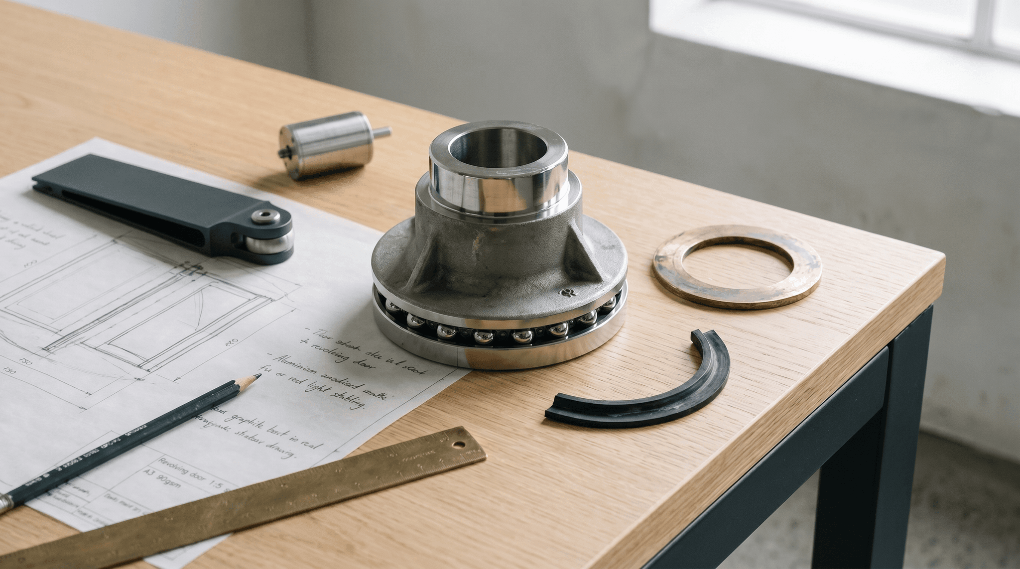 Macro detail of stainless steel pivot axis revolving door, Swiss senior typology high-performance motorised envelope mechatronic, trace paper plan and brass ruler on workbench
