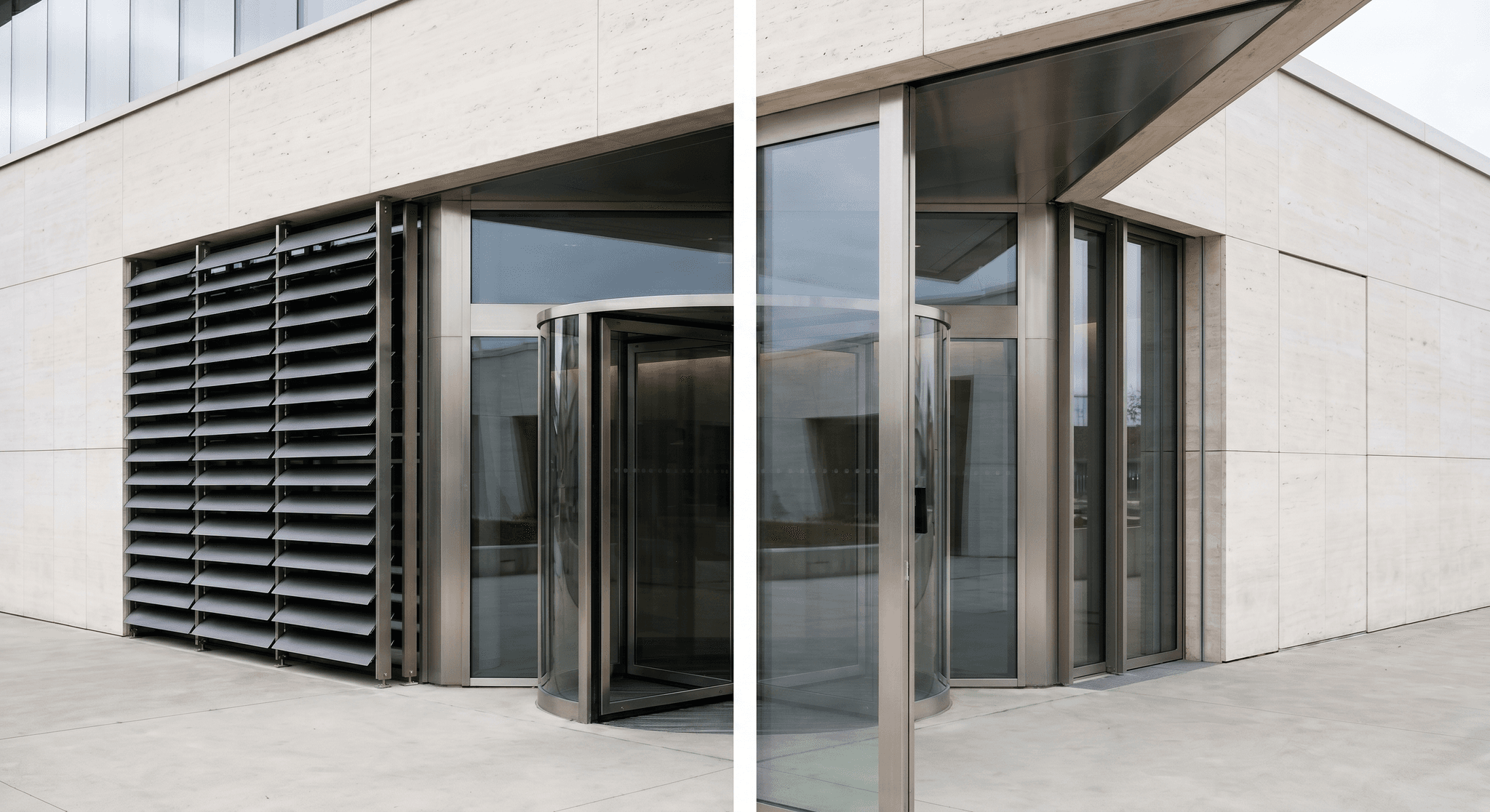 Detail of motorised sliding door, brushed stainless drive housing recessed in lintel, glass leaf partial open, integrated capacitive access control