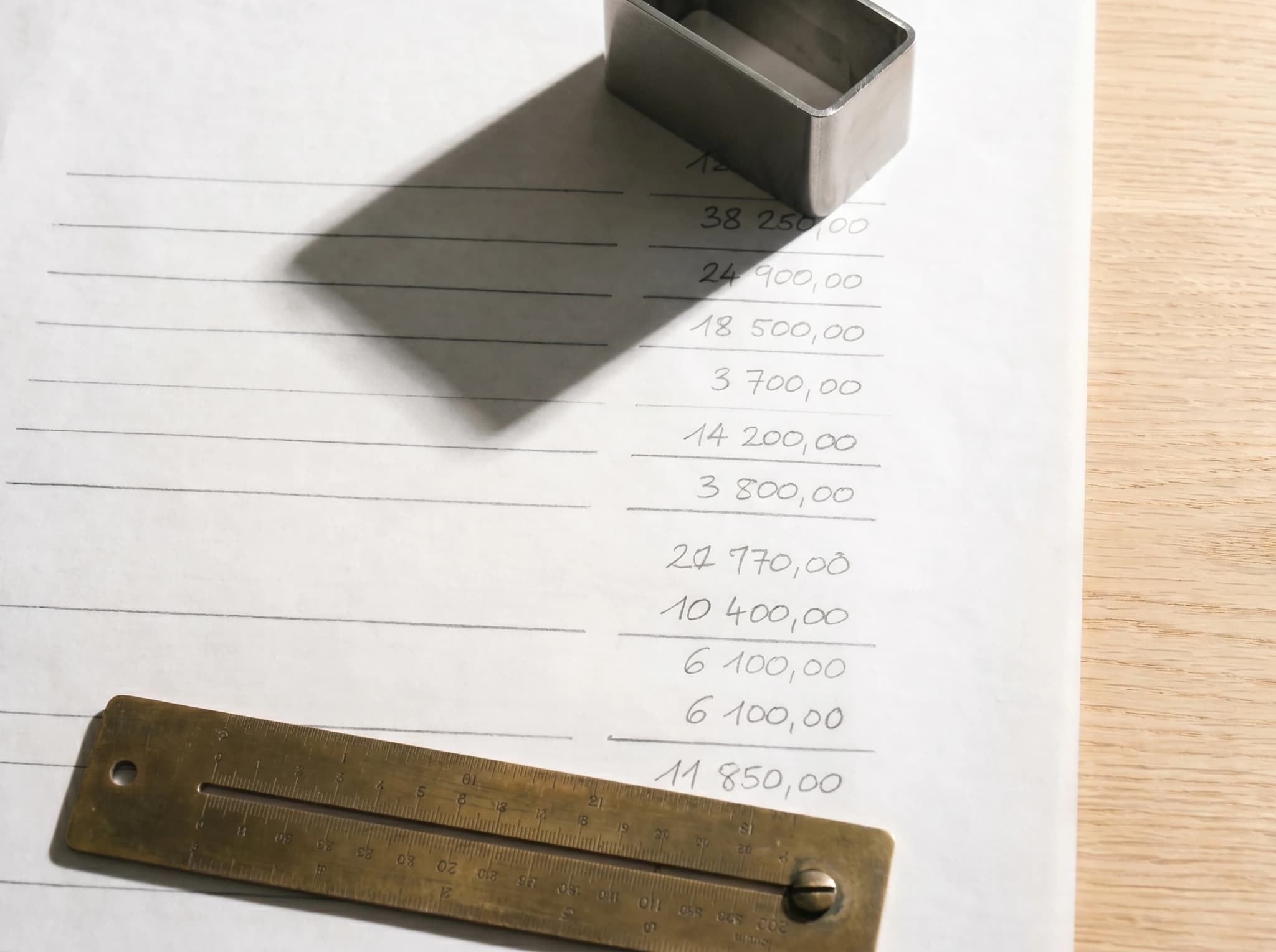 Shadow pricing, handwritten figures column with stainless welded profile