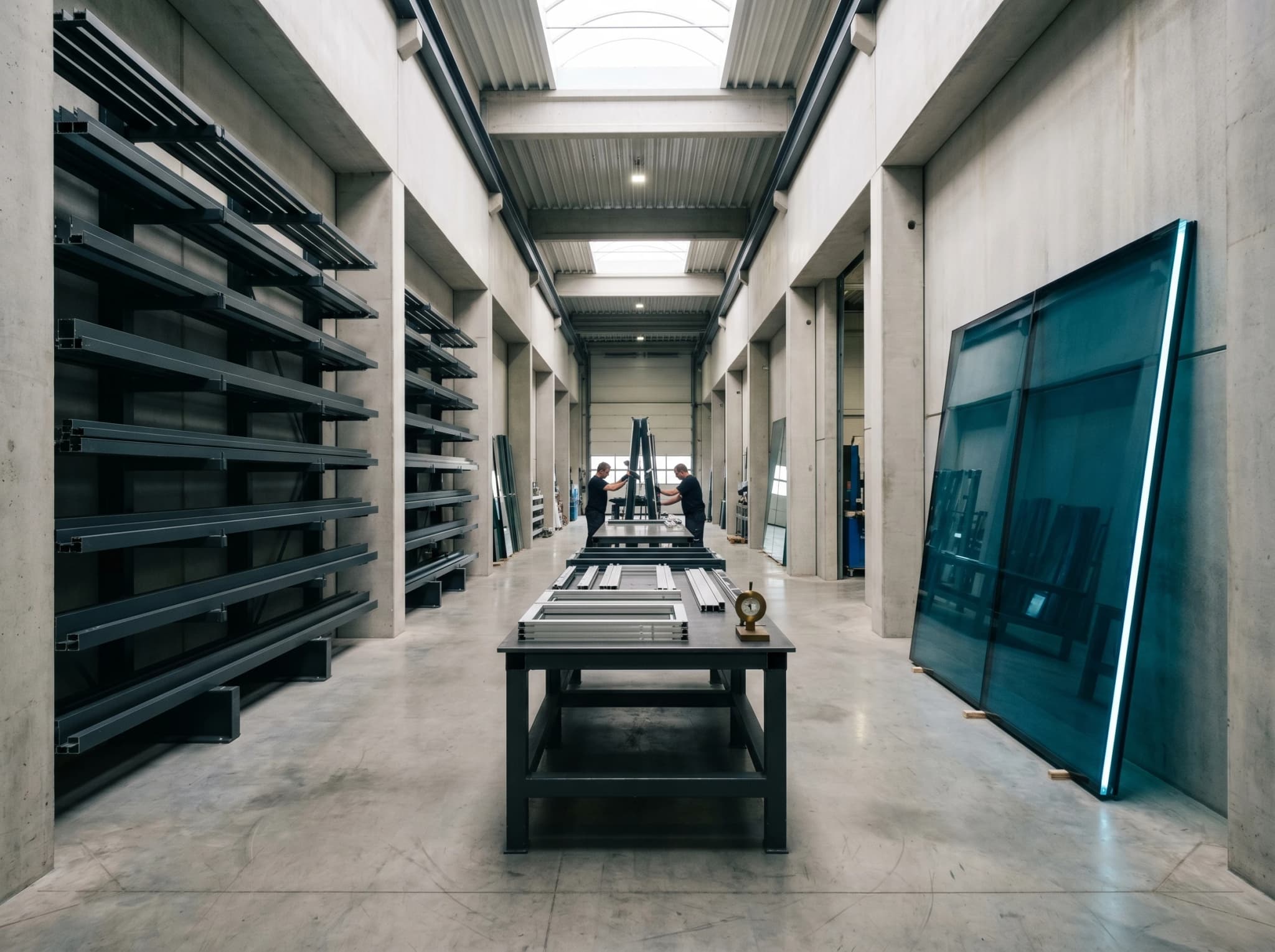 Corridor usine de fabrication de façades, racks profilés anthracite et panneau verre teal-blue