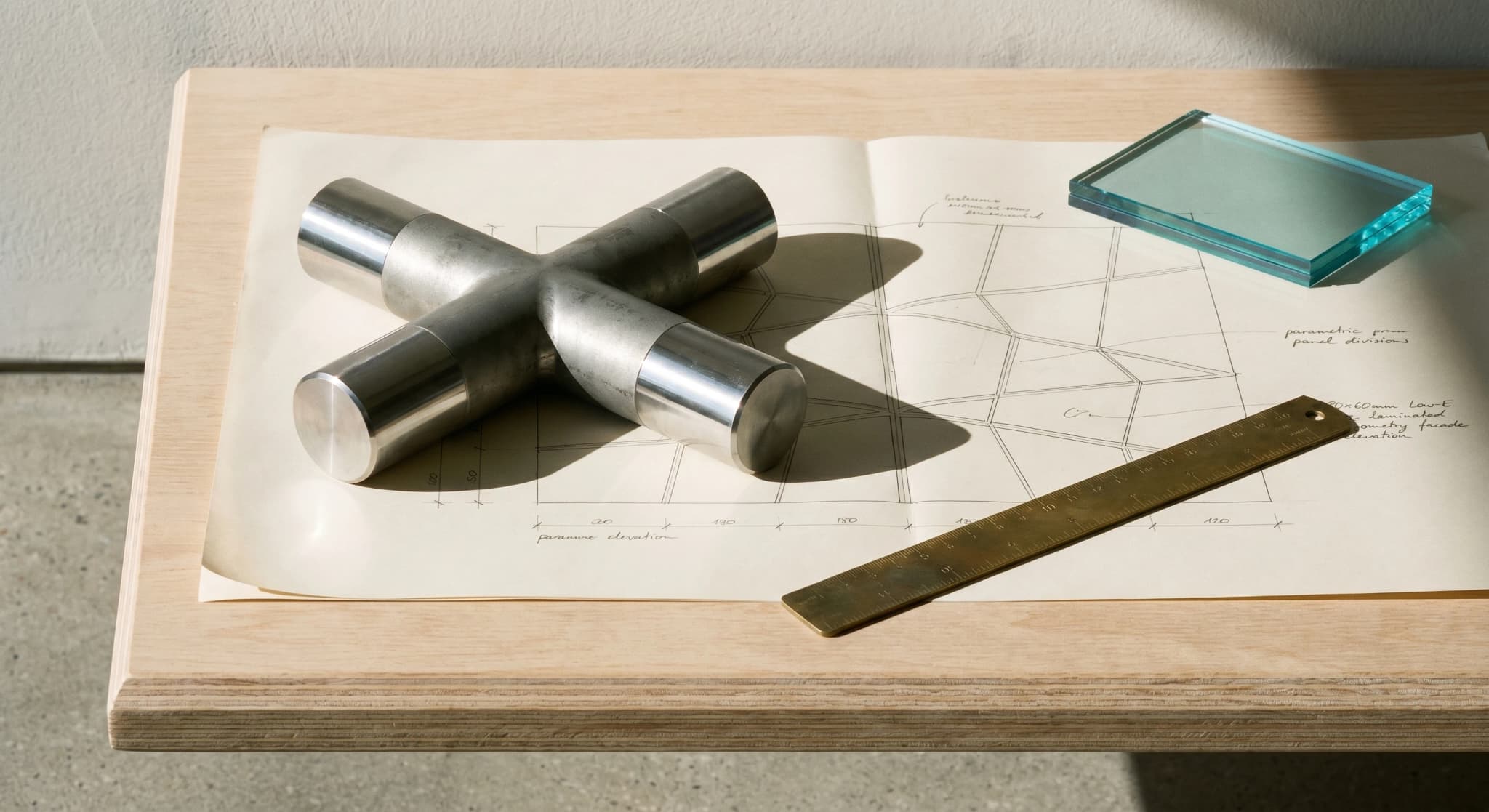 Stainless welded structural node on computational geometry plan, lead envelope consultant