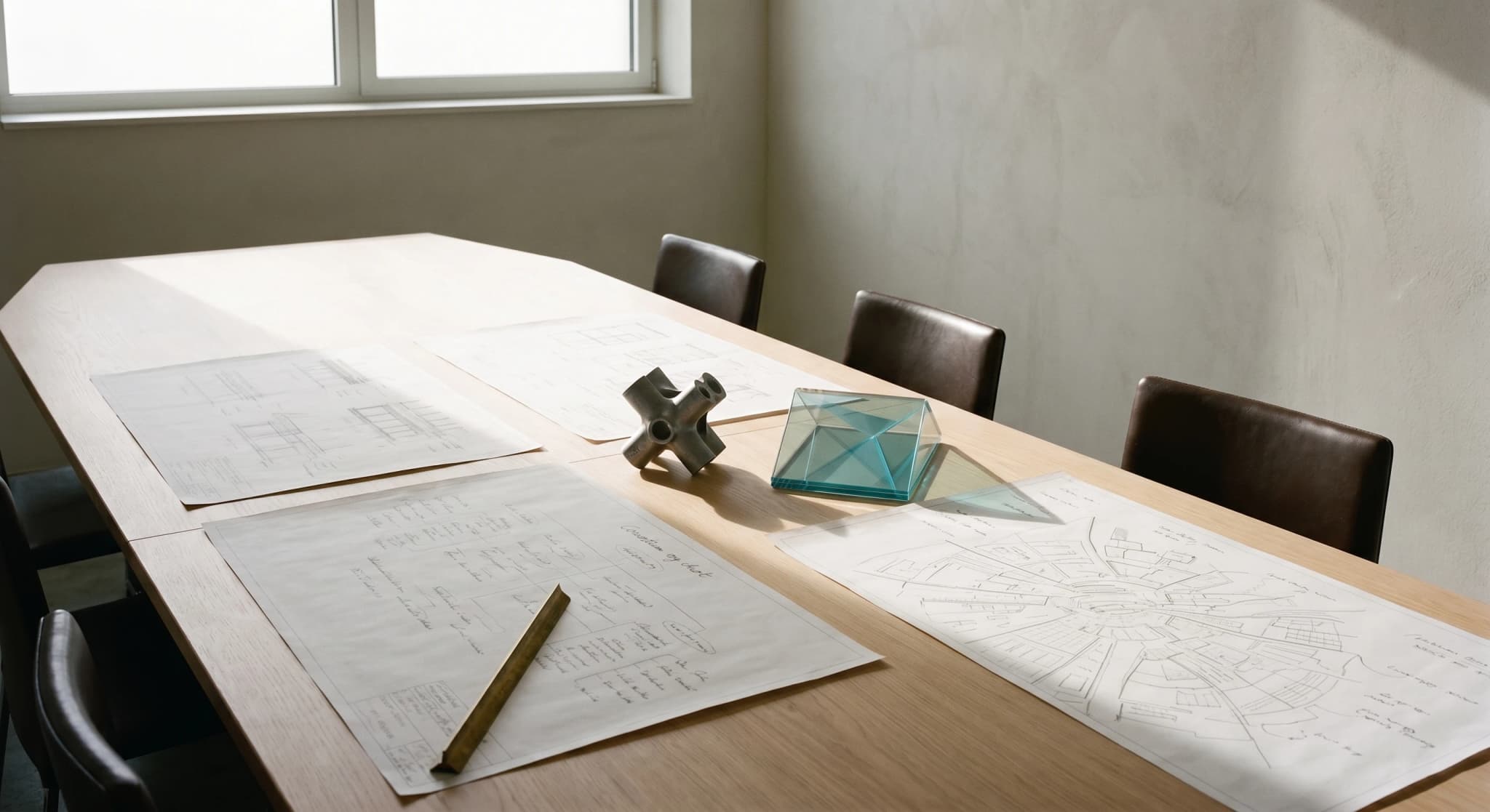 Salle de conseil consortium, table oak avec plans façade et nœuds typologiques