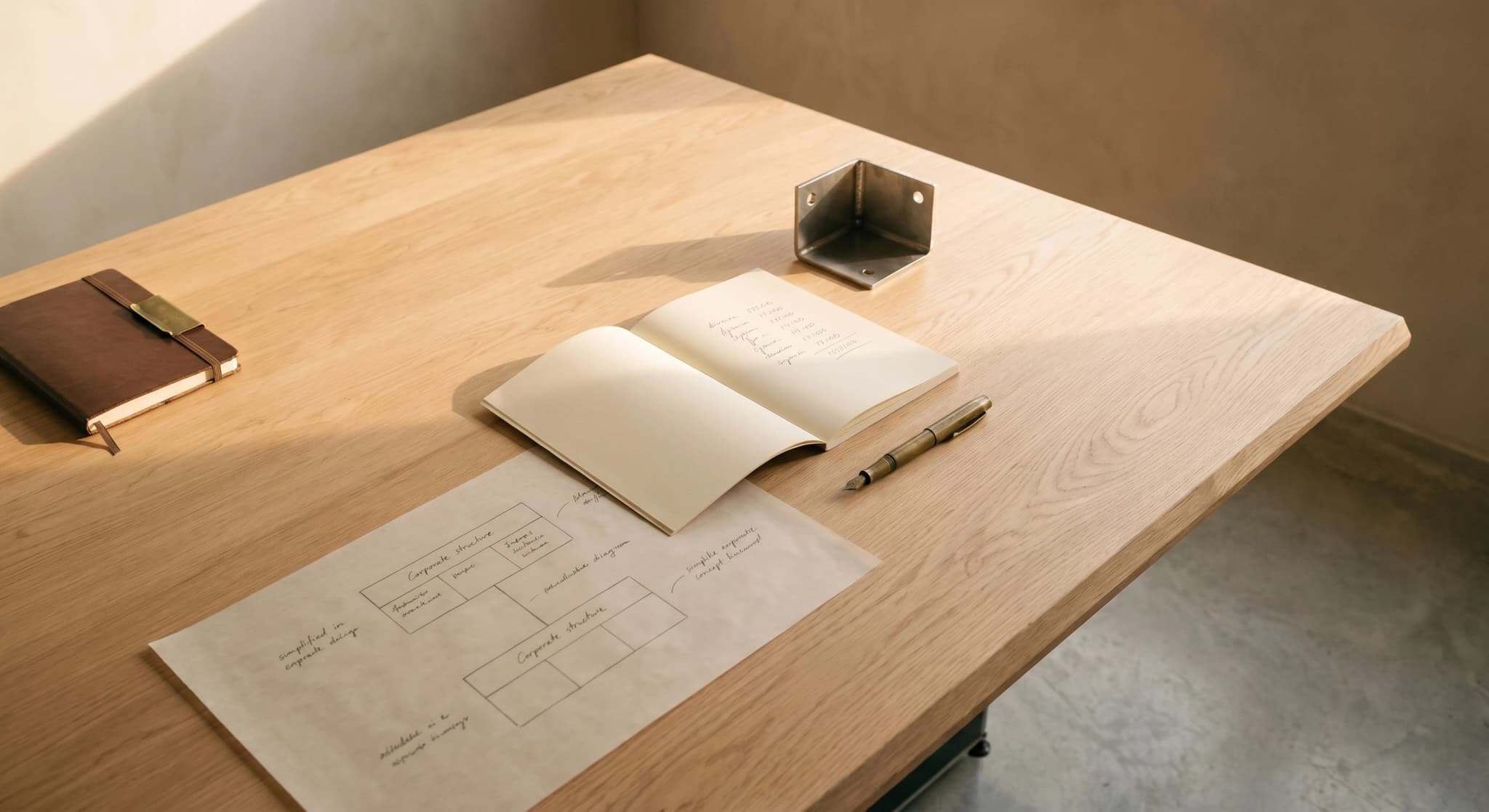 Signature de JV, carnet cuir, stylo laiton patiné, structure corporate sur workstation