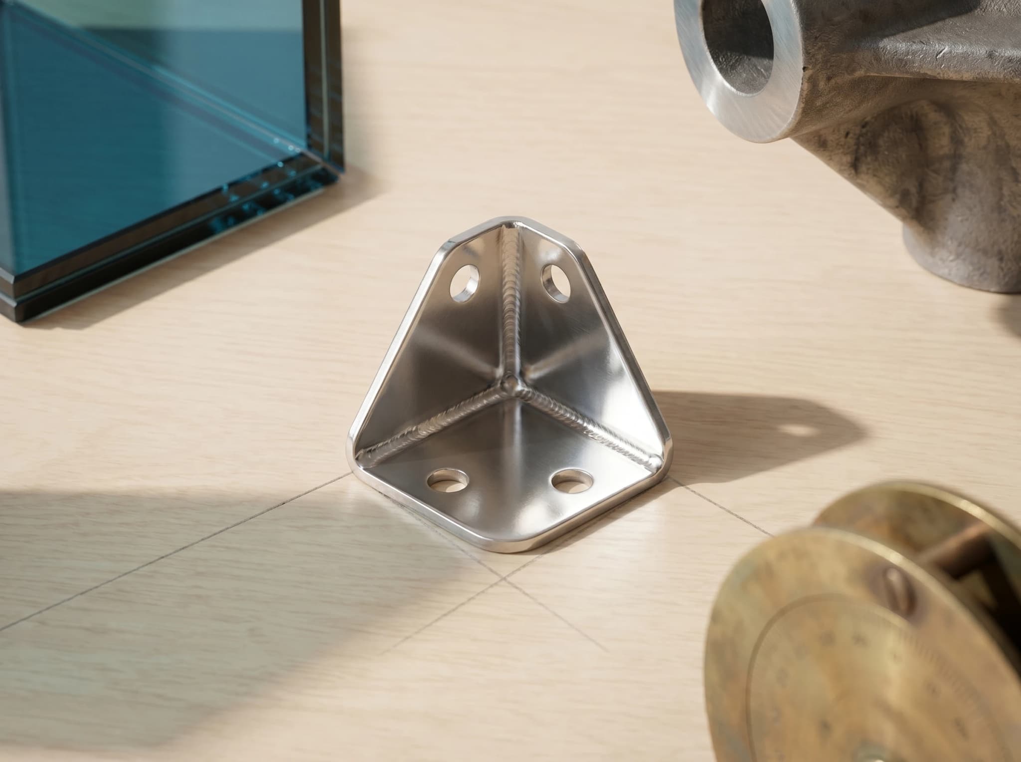 The equation resolved at the central convergence, stainless welded bracket where three forces meet