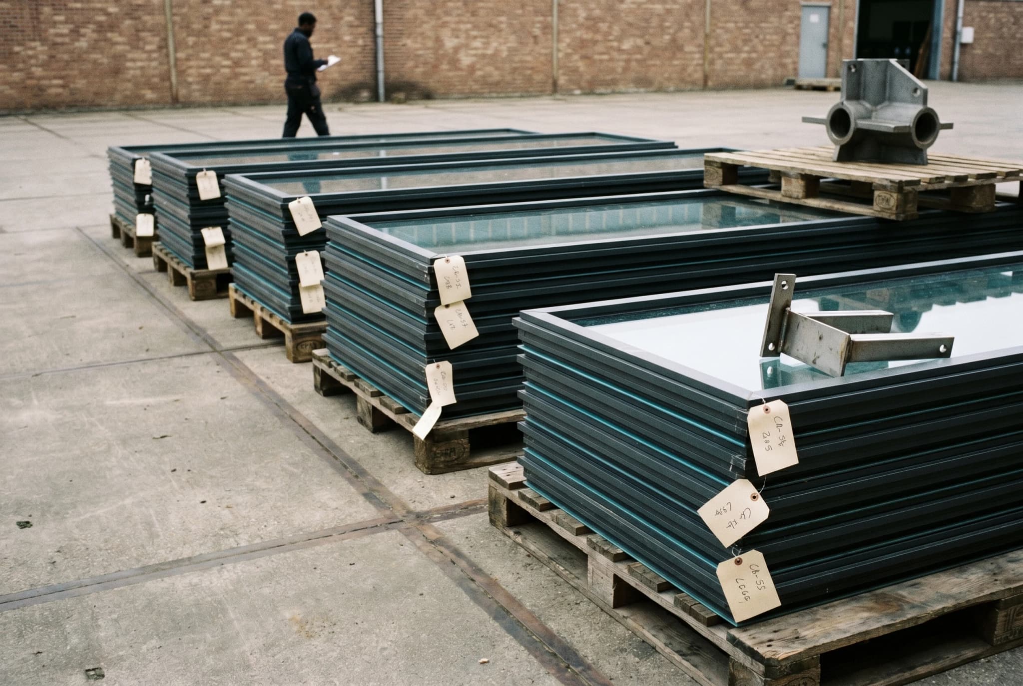 Circular economy, dismounted facade panels in stock for reuse