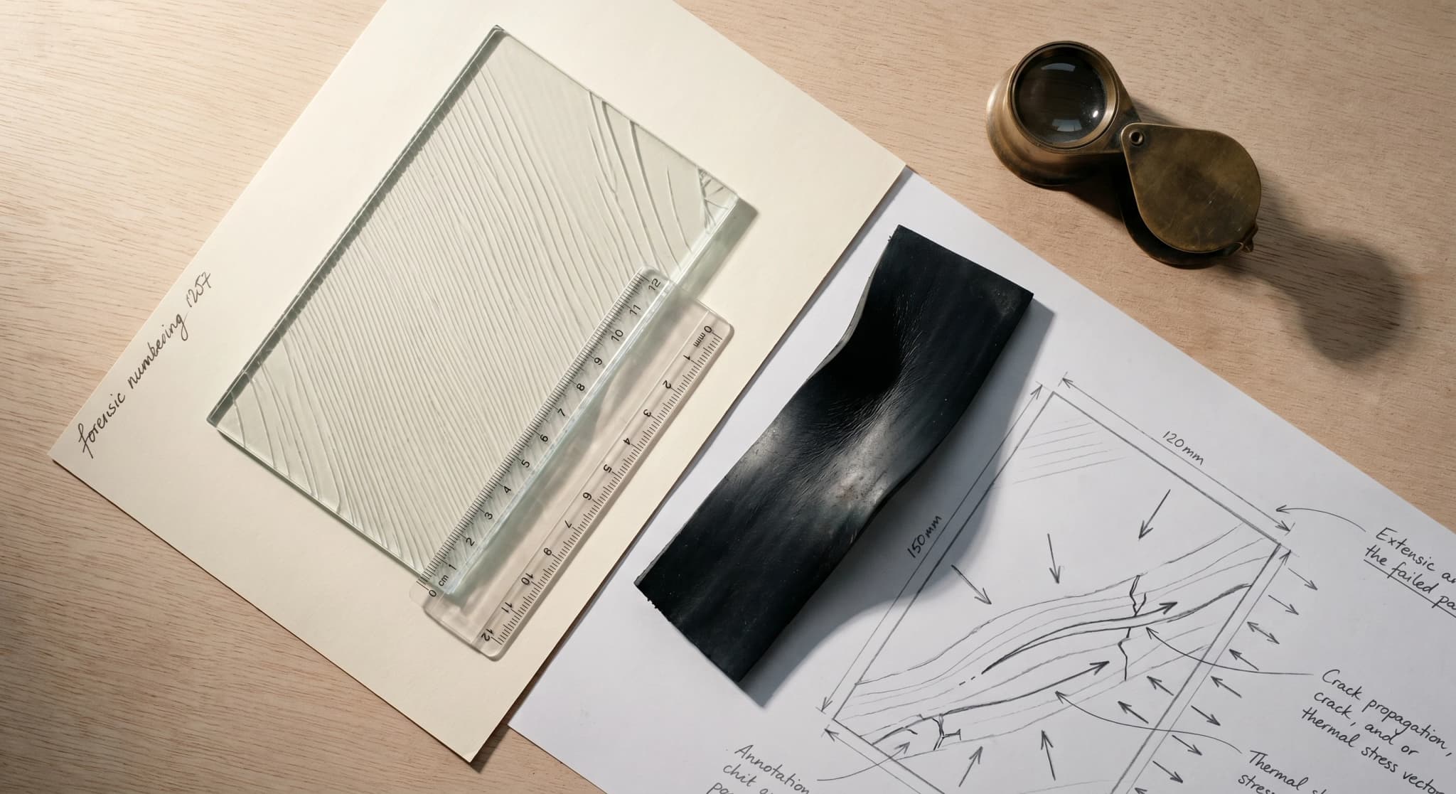 Forensic analysis, glass fragment and EPDM joint on reconstruction plan